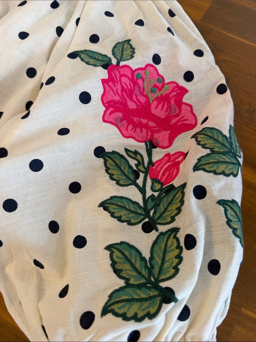 THML Cream Polka Dot Peasant Top with Pink Floral Embroidery - Picture 3 of 5